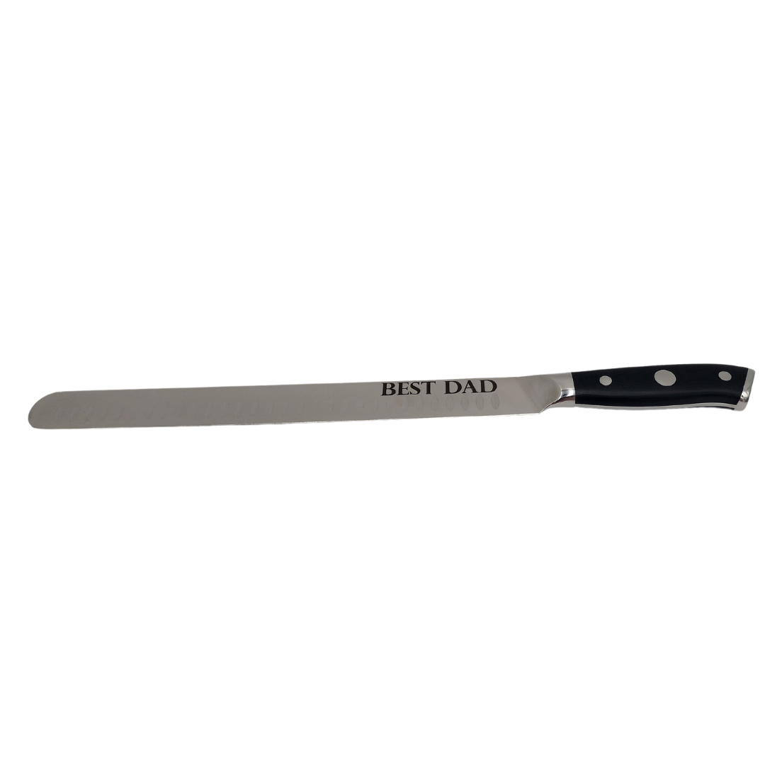 Example of a 12" brisket knife engrave with "Best Dad" on it.  White background, full profile