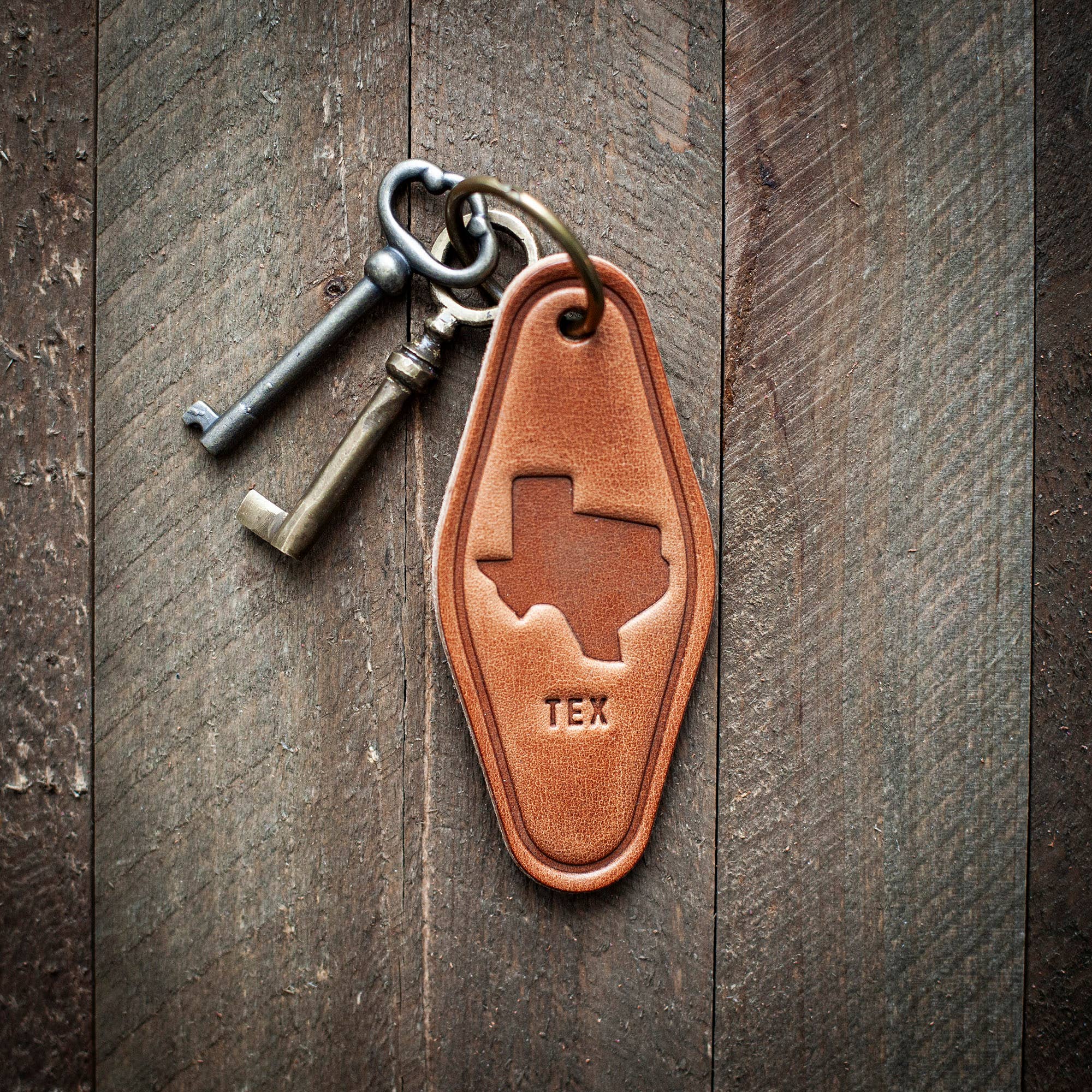 Texas State Silhouette Leather Keychain Motel Style