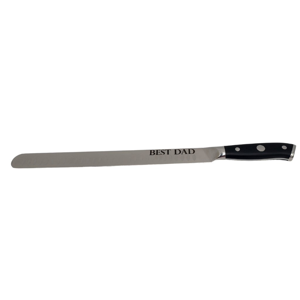 Example of a 12" brisket knife engrave with "Best Dad" on it.  White background, full profile