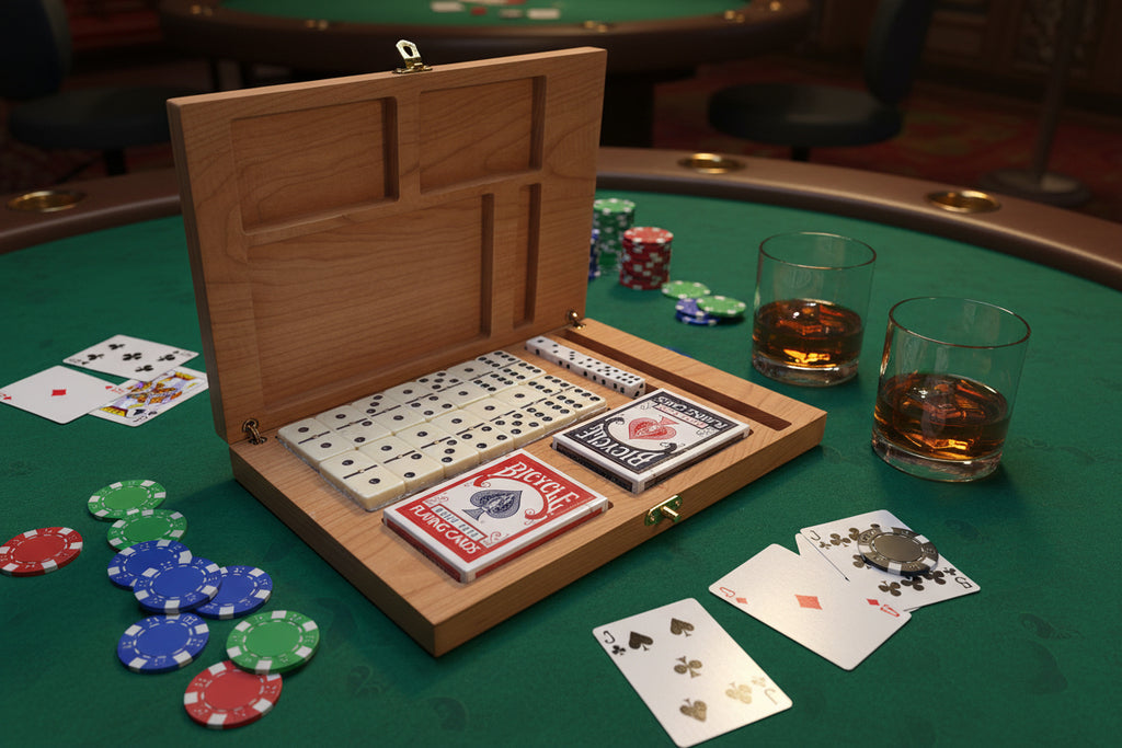 Handcrafted 3-in-1 Cherry Wood Game Box – Includes Cards, Dominoes, Dice & Built-in Pencil Holder
