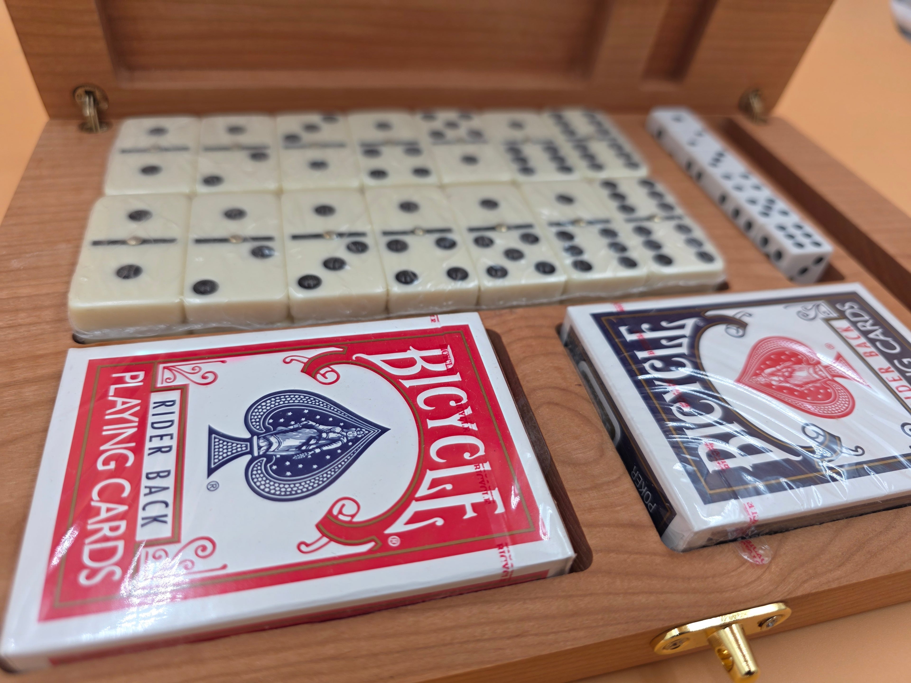 Handcrafted 3-in-1 Cherry Wood Game Box – Includes Cards, Dominoes, Dice & Built-in Pencil Holder