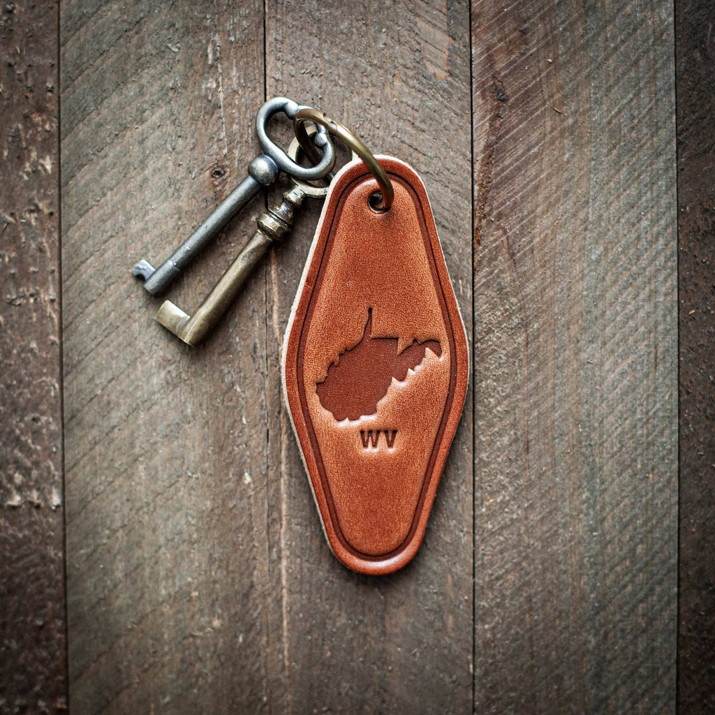 West Virginia State Silhouette Leather Keychain Motel Style