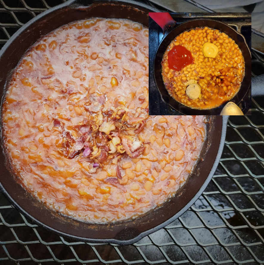 Baked Beans in a cast iron skillet with bacon.  Inset picture also with baked beans with ingrediant, kethcup, syrup, sugar and mustard in with beans shown