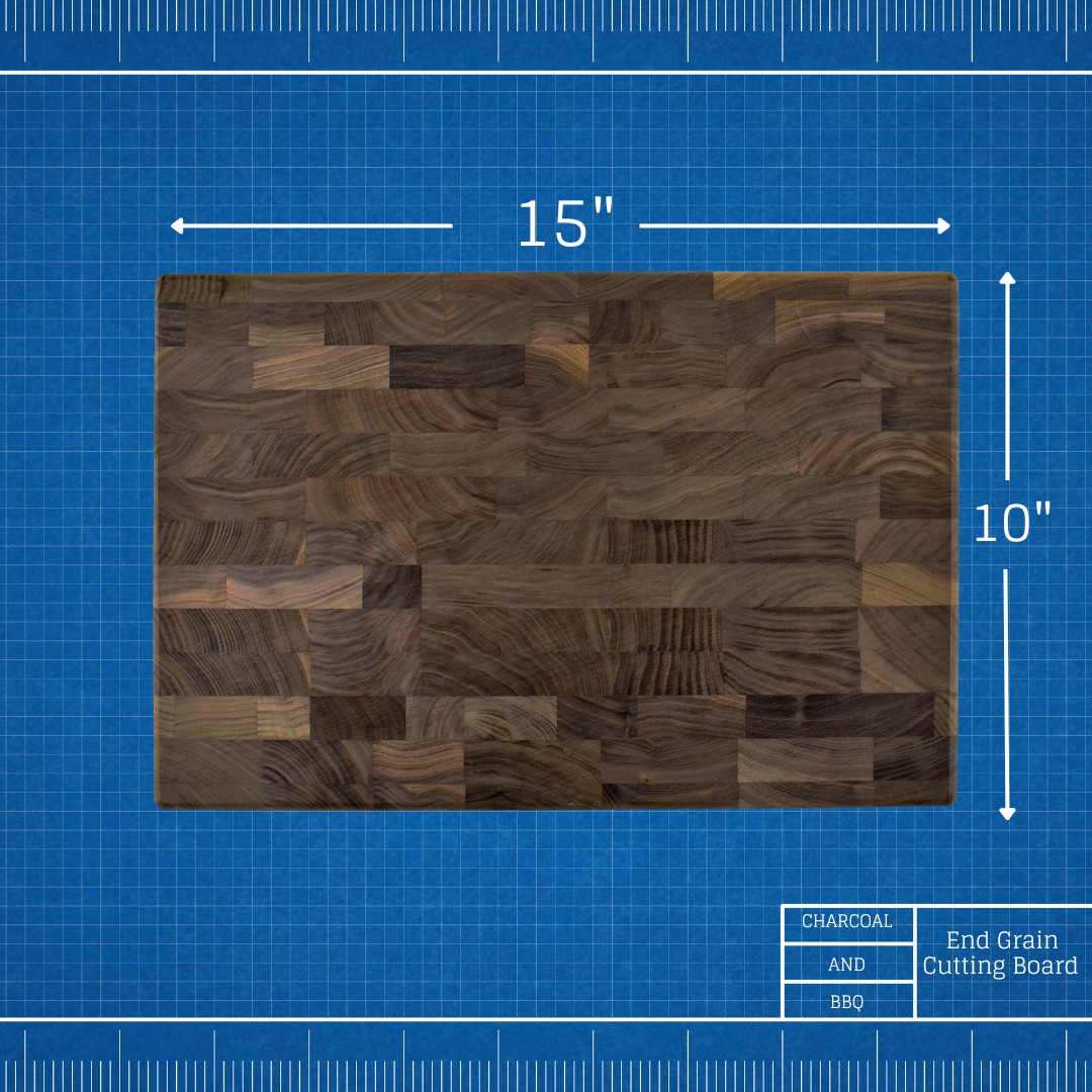 Cutting board on blue background with size measurement showing 15" X 10"