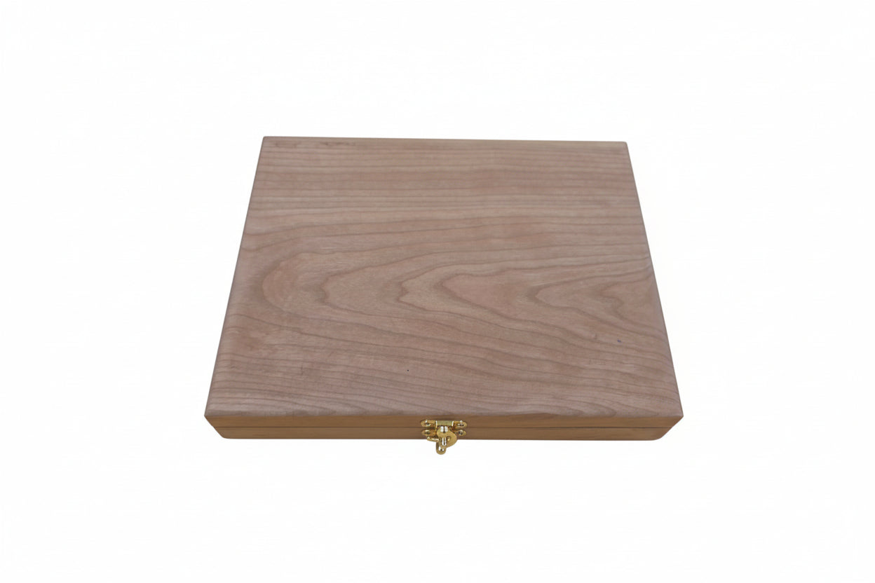 Cherry Wood Game box with closed lid, brass colored clasp