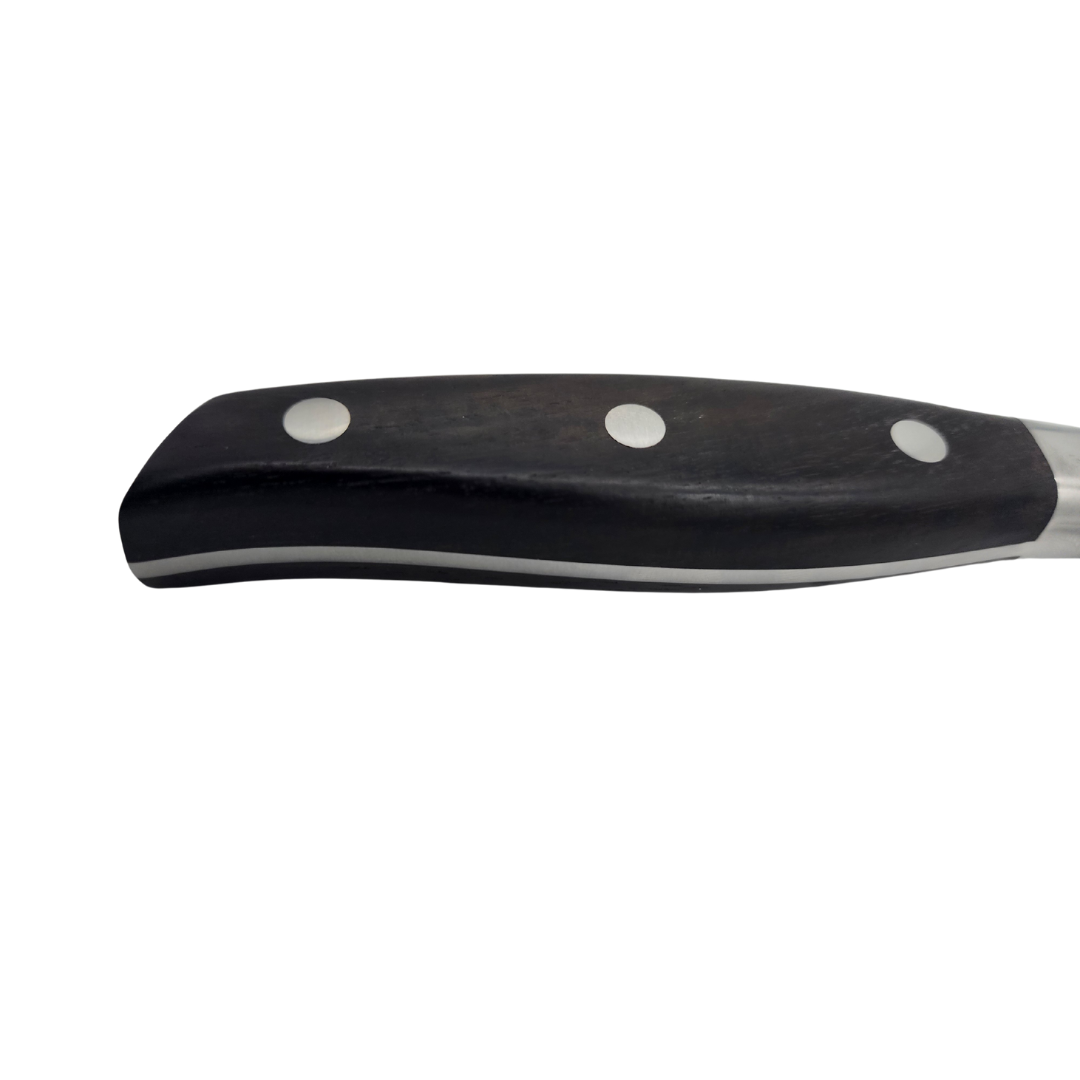 Close up side view of a black handle on 12" brisket knife, white background