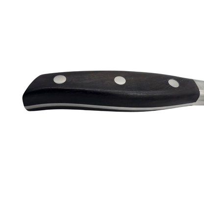 Close up side view of a black handle on 12" brisket knife, white background