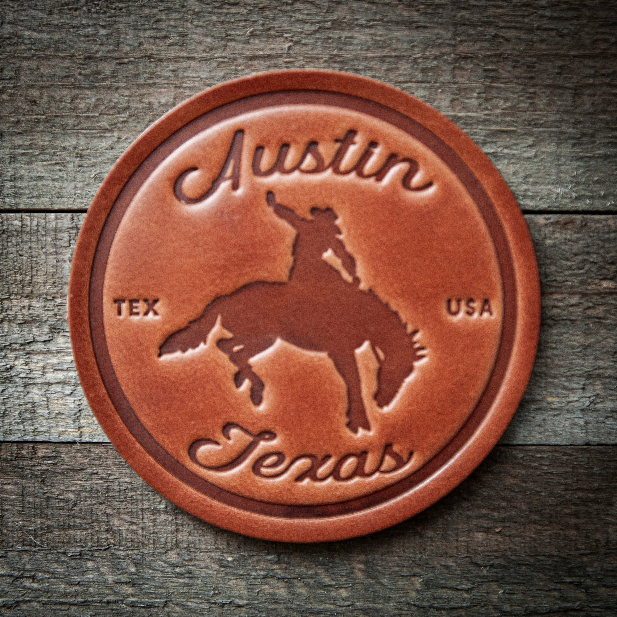 Austin Texas Bronco Leather Coaster