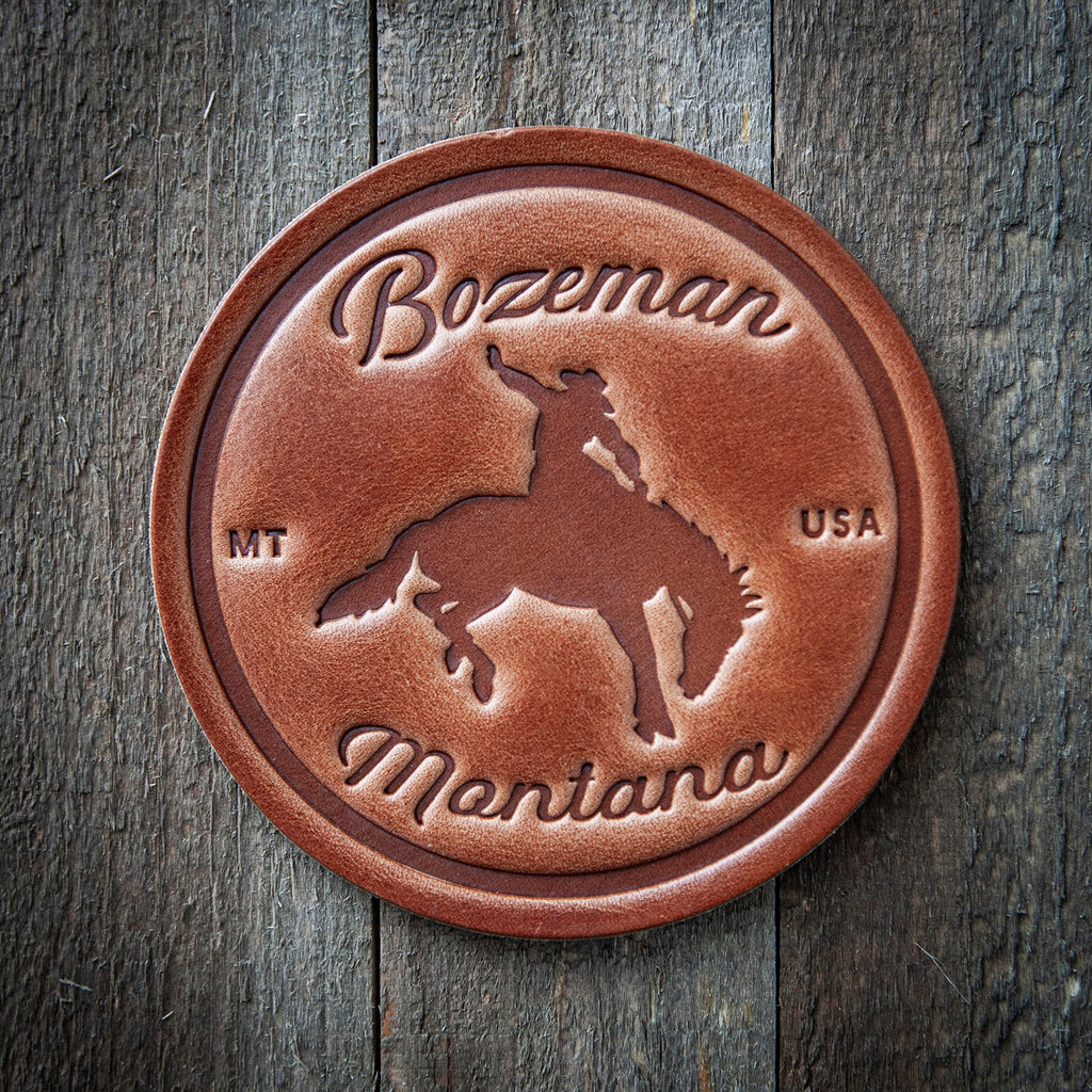 Bozeman Montana Bronco Leather Coaster