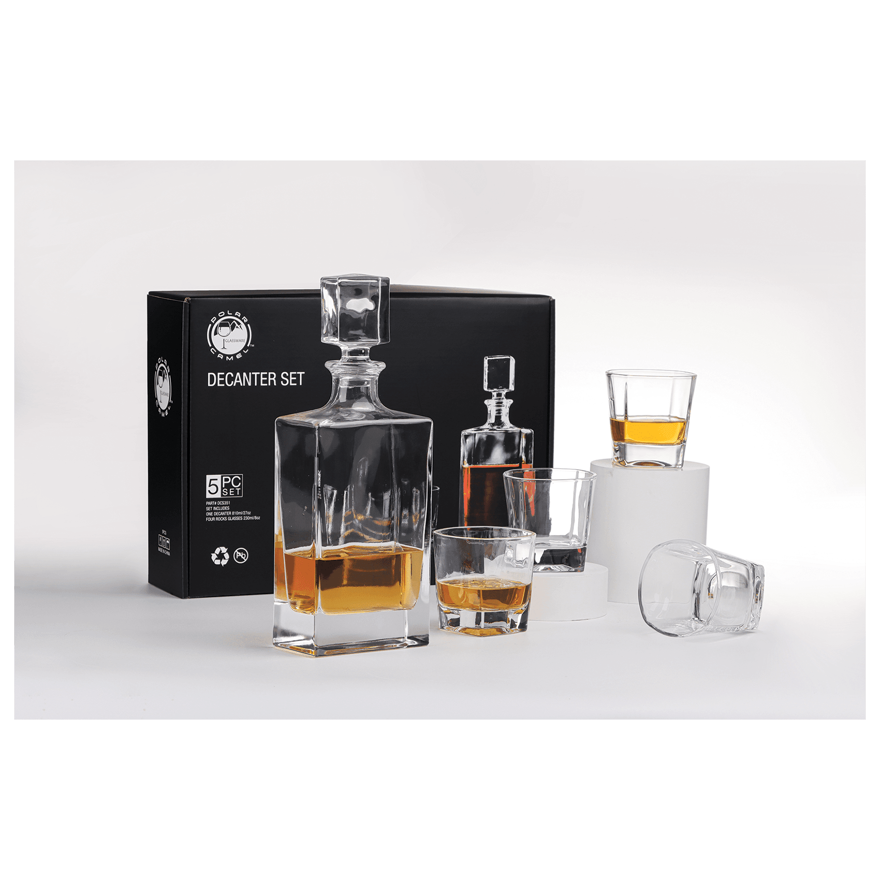 Custom Engraved Glass Decanter Set - 5-Piece Barware Set with 810ml Spirit Decanter and 4 Whiskey Glasses