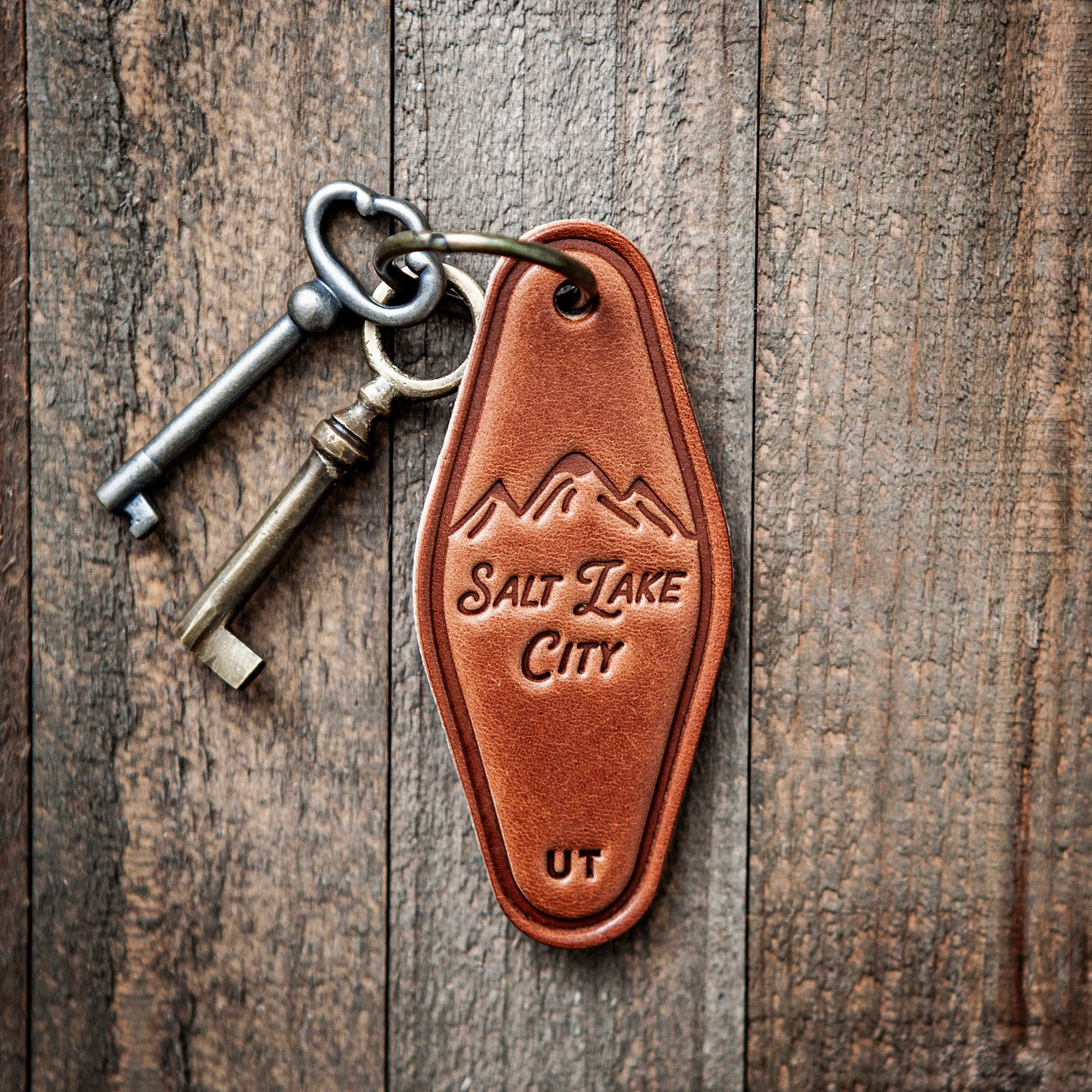 Salt Lake City Utah Leather Keychain Motel Style