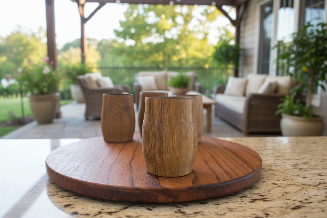 A picture of 4 White Oak Whiskey Cups sitting on a lazy susan with a blurred patio in the background.