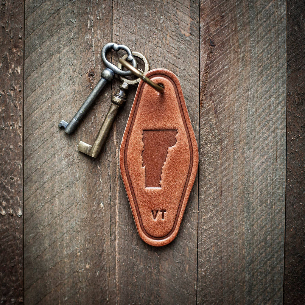Vermont State Silhouette Leather Keychain Motel Style