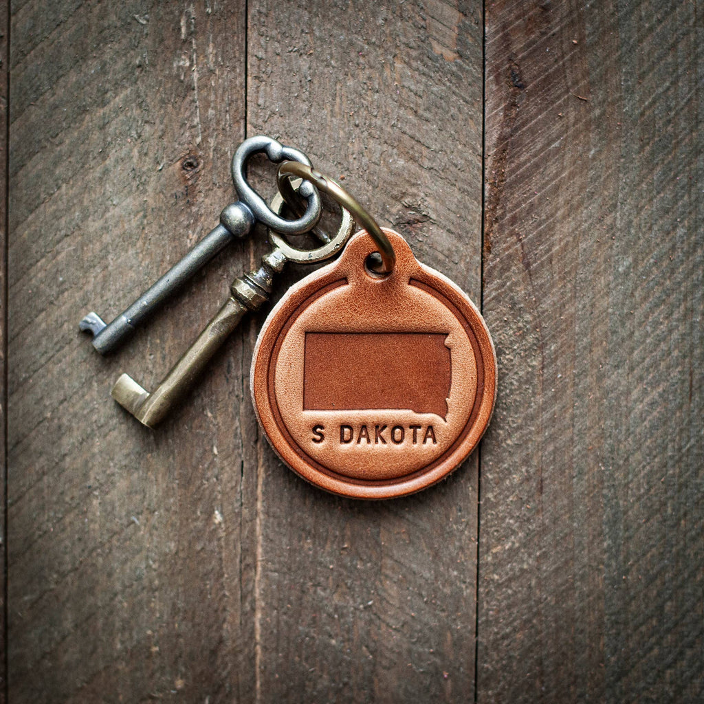 South Dakota State Silhouette Leather Keychain Circle